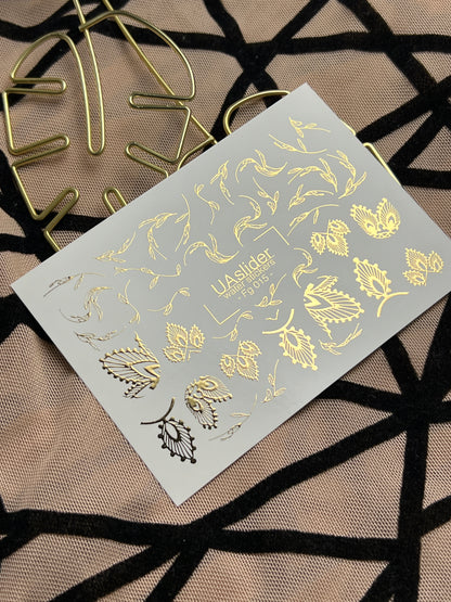 Naklejki na paznokcie wodne Fg-015 | Botaniczne naklejki wodne na paznokcie z złotą folią | Eleganckie wzory liści