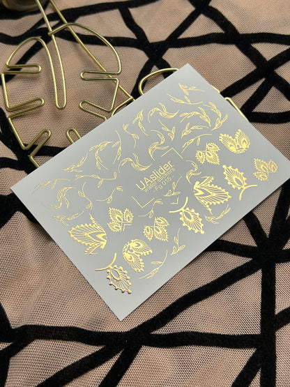 Naklejki na paznokcie wodne Fg-015 | Botaniczne naklejki wodne na paznokcie z złotą folią | Eleganckie wzory liści
