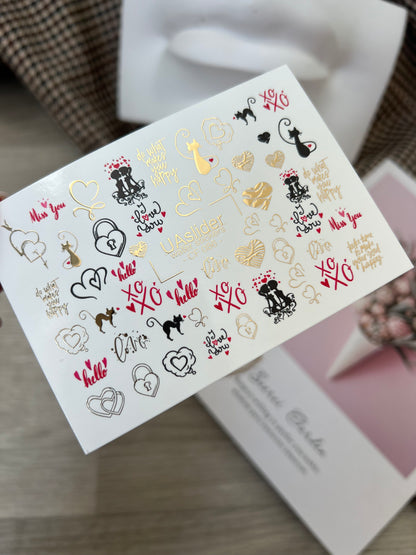 Nail Water Decal CF-086 | Romantic Cats & Love Symbols Water Slide Nail Decals | Hearts, Locks & Quotes