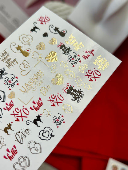 Nail Water Decal CF-086 | Romantic Cats & Love Symbols Water Slide Nail Decals | Hearts, Locks & Quotes