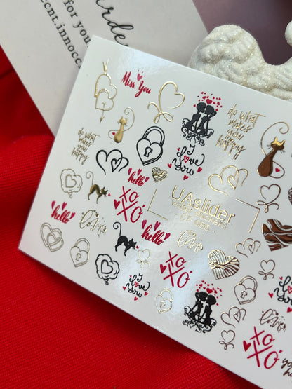 Nail Water Decal CF-086 | Romantic Cats & Love Symbols Water Slide Nail Decals | Hearts, Locks & Quotes