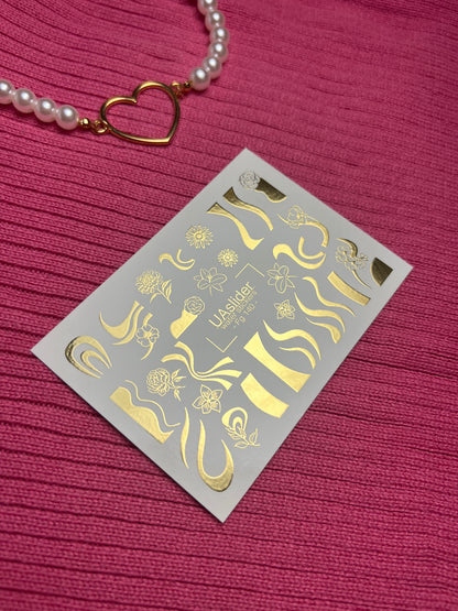 Adesivi per unghie a decalcomania d'acqua Fg-140 | Adesivi per unghie a scivolamento d'acqua con onde dorate e fiori | Tatuaggi eleganti per unghie