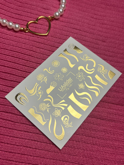 Adesivi per unghie a decalcomania d'acqua Fg-140 | Adesivi per unghie a scivolamento d'acqua con onde dorate e fiori | Tatuaggi eleganti per unghie