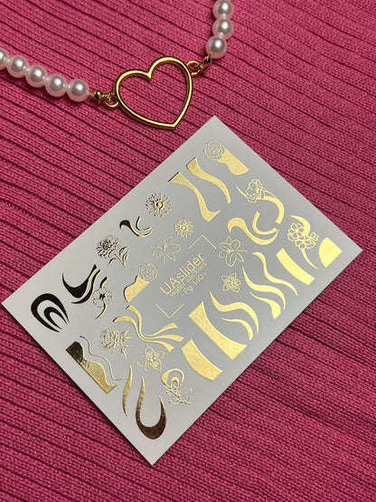 Adesivi per unghie a decalcomania d'acqua Fg-140 | Adesivi per unghie a scivolamento d'acqua con onde dorate e fiori | Tatuaggi eleganti per unghie