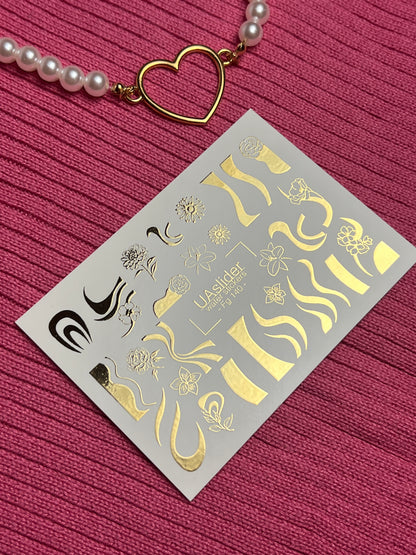 Adesivi per unghie a decalcomania d'acqua Fg-140 | Adesivi per unghie a scivolamento d'acqua con onde dorate e fiori | Tatuaggi eleganti per unghie