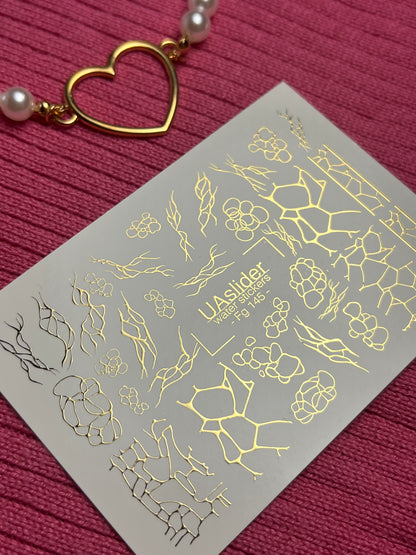 Nail Water Decal Fg-145 | Water Slide Nail Decals with Gold Cracked and Abstract Net Patterns | Modern Nail Art