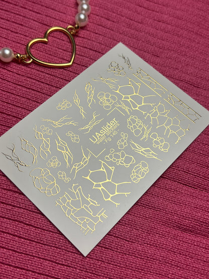 Nail Water Decal Fg-145 | Water Slide Nail Decals with Gold Cracked and Abstract Net Patterns | Modern Nail Art