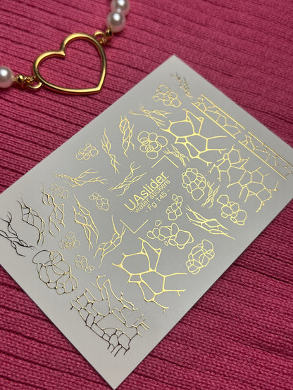 Nail Water Decal Fg-145 | Water Slide Nail Decals with Gold Cracked and Abstract Net Patterns | Modern Nail Art