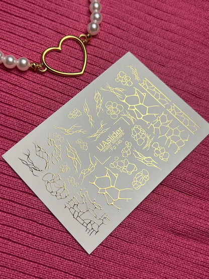 Nail Water Decal Fg-145 | Water Slide Nail Decals with Gold Cracked and Abstract Net Patterns | Modern Nail Art