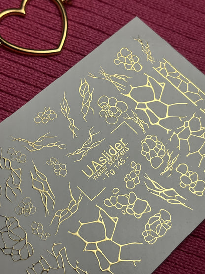 Nail Water Decal Fg-145 | Water Slide Nail Decals with Gold Cracked and Abstract Net Patterns | Modern Nail Art