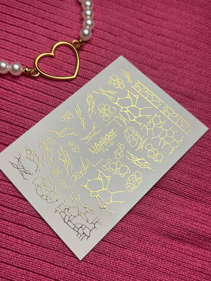 Nail Water Decal Fg-145 | Water Slide Nail Decals with Gold Cracked and Abstract Net Patterns | Modern Nail Art