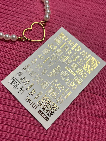 Nail Water Decal Fg-075 | Gold Foil Water Slide Nail Decals | Fashion Words & Leopard Print