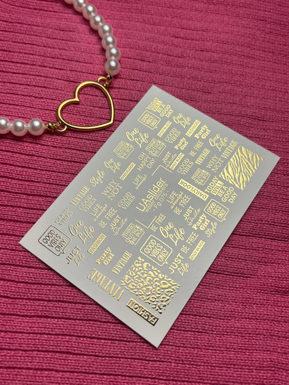 Nail Water Decal Fg-075 | Gold Foil Water Slide Nail Decals | Fashion Words & Leopard Print