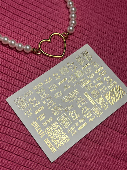 Nail Water Decal Fg-075 | Gold Foil Water Slide Nail Decals | Fashion Words & Leopard Print