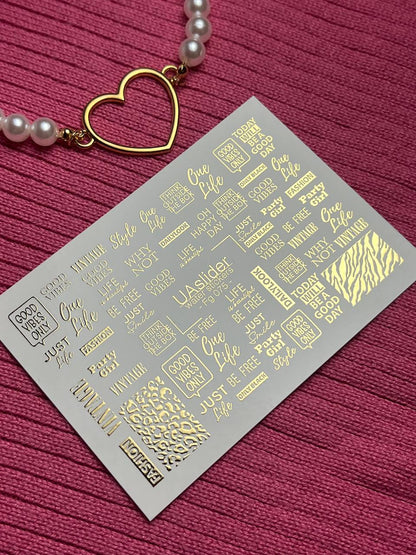 Nail Water Decal Fg-075 | Gold Foil Water Slide Nail Decals | Fashion Words & Leopard Print