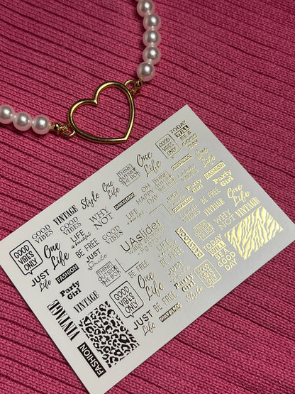 Nail Water Decal Fg-075 | Gold Foil Water Slide Nail Decals | Fashion Words & Leopard Print