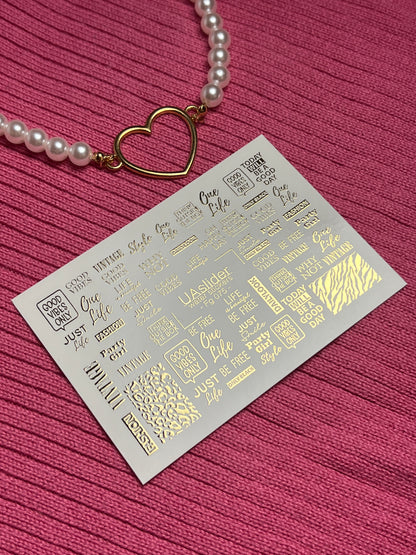 Nail Water Decal Fg-075 | Gold Foil Water Slide Nail Decals | Fashion Words & Leopard Print