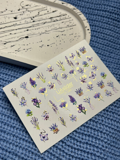 Nail Water Decal CF-090 | Lavender & Violet Floral Water Slide Nail Decals | Purple Flowers & Butterflies