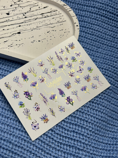 Nail Water Decal CF-090 | Lavender & Violet Floral Water Slide Nail Decals | Purple Flowers & Butterflies