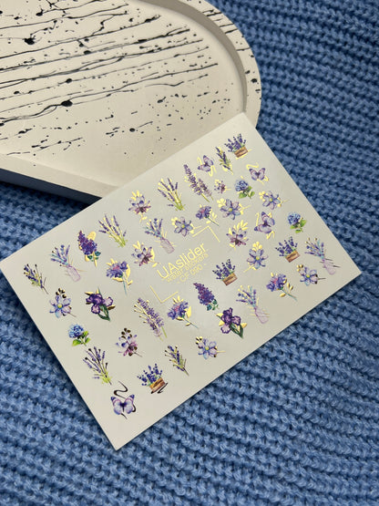 Nail Water Decal CF-090 | Lavender & Violet Floral Water Slide Nail Decals | Purple Flowers & Butterflies