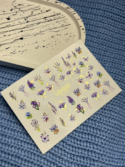 Nail Water Decal CF-090 | Lavender & Violet Floral Water Slide Nail Decals | Purple Flowers & Butterflies
