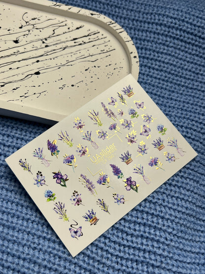 Nail Water Decal CF-090 | Lavender & Violet Floral Water Slide Nail Decals | Purple Flowers & Butterflies