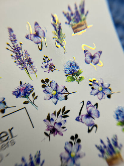 Nail Water Decal CF-090 | Lavender & Violet Floral Water Slide Nail Decals | Purple Flowers & Butterflies