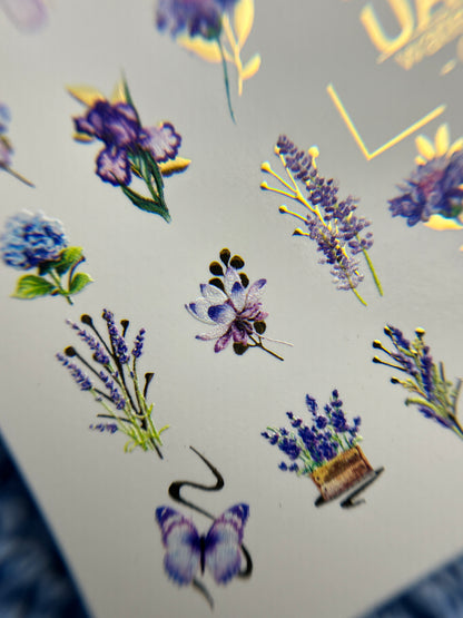 Nail Water Decal CF-090 | Lavender & Violet Floral Water Slide Nail Decals | Purple Flowers & Butterflies