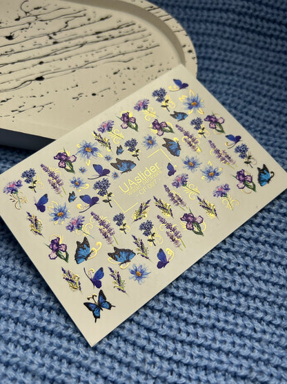 Nail Water Decal CF-090 | Lavender & Violet Floral Water Slide Nail Decals | Purple Flowers & Butterflies
