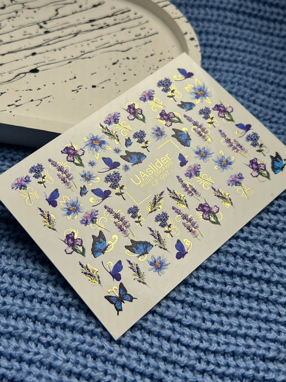 Nail Water Decal CF-090 | Lavender & Violet Floral Water Slide Nail Decals | Purple Flowers & Butterflies