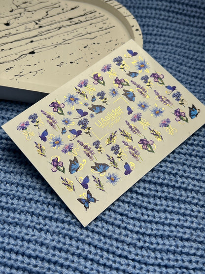 Nail Water Decal CF-090 | Lavender & Violet Floral Water Slide Nail Decals | Purple Flowers & Butterflies