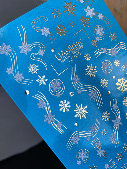 Nail Water Decal CF-015 | Winter Water Slide Nail Decals, Silver Snowflakes and Gold Foil Shooting Stars