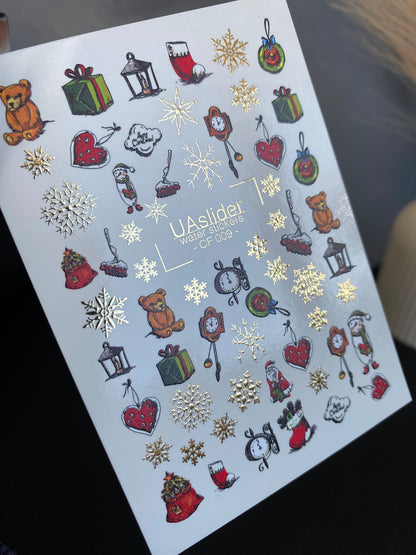 Nail Water Decal CF-009 | Christmas Water Slide Nail Decals, Holiday Toys, Gifts and Gold Foil Snowflakes
