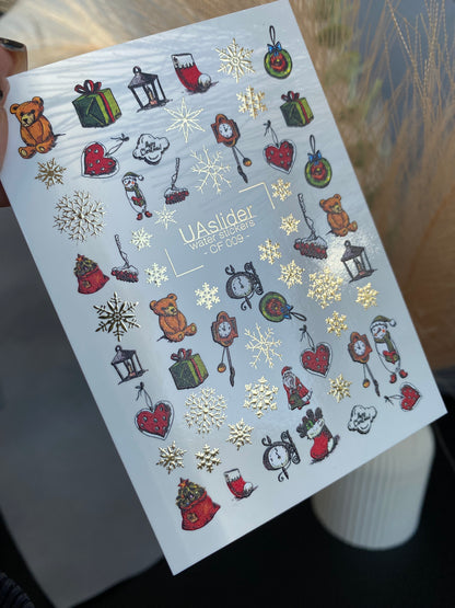 Nail Water Decal CF-009 | Christmas Water Slide Nail Decals, Holiday Toys, Gifts and Gold Foil Snowflakes