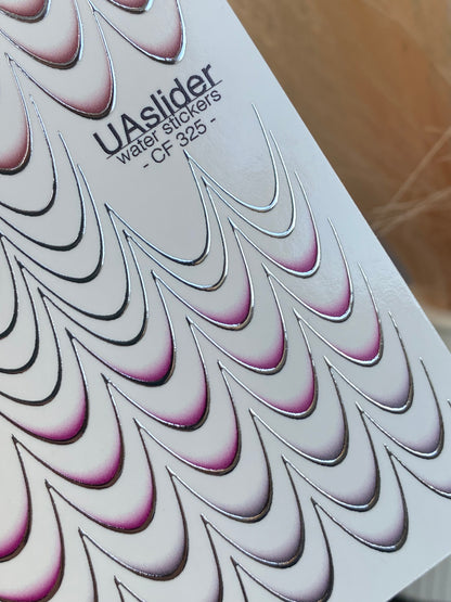 Decalcomanii de apă pentru unghii CF-325 | Decalcomanii franceze pentru unghii cu alunecare pe apă | Contururi argintii în degradeu