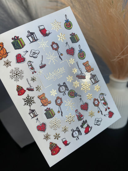 Nail Water Decal CF-009 | Christmas Water Slide Nail Decals, Holiday Toys, Gifts and Gold Foil Snowflakes