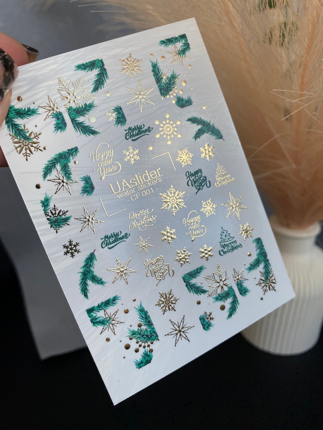 Nail Water Decal CF-001 | Christmas Water Slide Nail Decals, Gold Foil Snowflakes & Pine - UASLIDER
