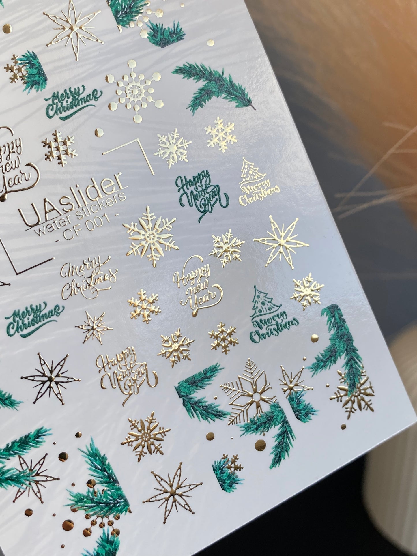 Nail Water Decal CF-001 | Christmas Water Slide Nail Decals, Gold Foil Snowflakes & Pine
