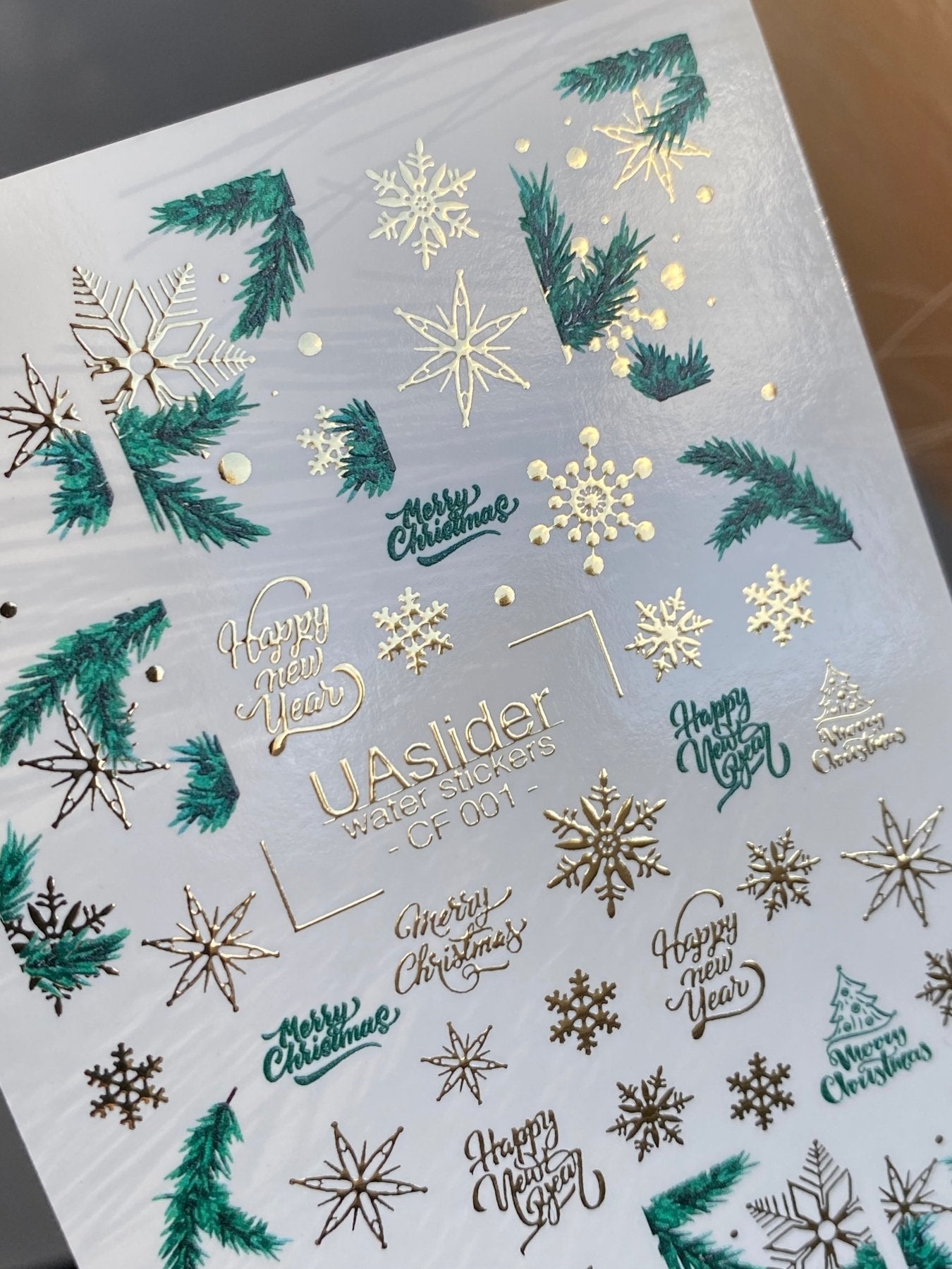 Nail Water Decal CF-001 | Christmas Water Slide Nail Decals, Gold Foil Snowflakes & Pine - UASLIDER