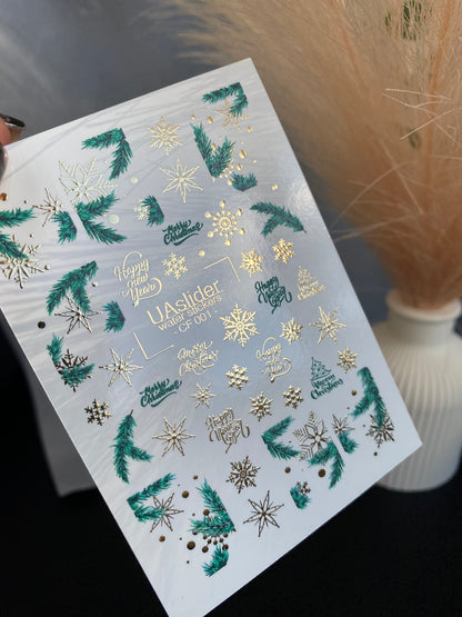 Nail Water Decal CF-001 | Christmas Water Slide Nail Decals, Gold Foil Snowflakes & Pine