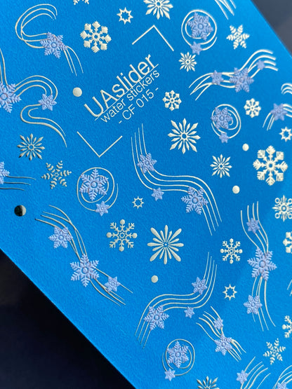 Nail Water Decal CF-015 | Winter Water Slide Nail Decals, Silver Snowflakes and Gold Foil Shooting Stars