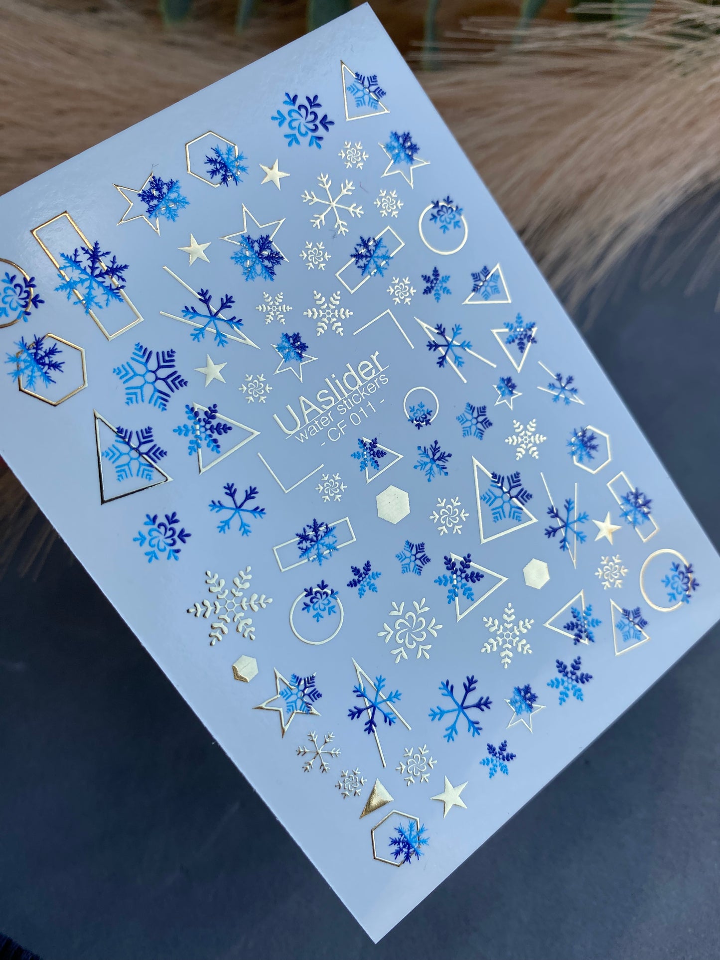 Nail Water Decal CF-011 | Winter Water Slide Nail Decals, Blue Snowflakes with Gold Foil Geometric Accents