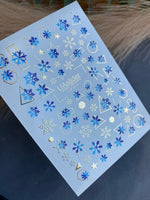 Nail Water Decal CF-011 | Winter Water Slide Nail Decals, Blue Snowflakes with Gold Foil Geometric Accents - UASLIDER