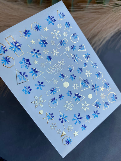 Nail Water Decal CF-011 | Winter Water Slide Nail Decals, Blue Snowflakes with Gold Foil Geometric Accents