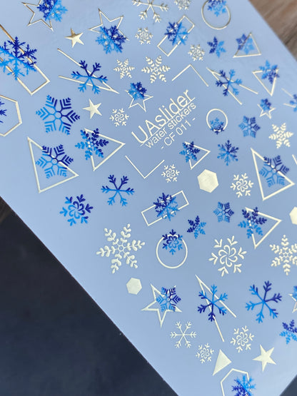 Nail Water Decal CF-011 | Winter Water Slide Nail Decals, Blue Snowflakes with Gold Foil Geometric Accents