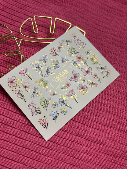 Nail Water Decal CF-092 | Watercolor Flowers & Dragonflies Nail Art Stickers | Floral Water Slide Decals