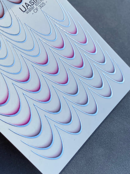 Decalcomanii de apă pentru unghii CF-325 | Decalcomanii franceze pentru unghii cu alunecare pe apă | Contururi argintii în degradeu