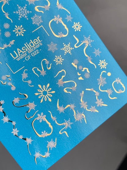 Nail Water Decal CF-022 | Winter Nail Water Decals, Snowflake Garlands and Gold Swirls