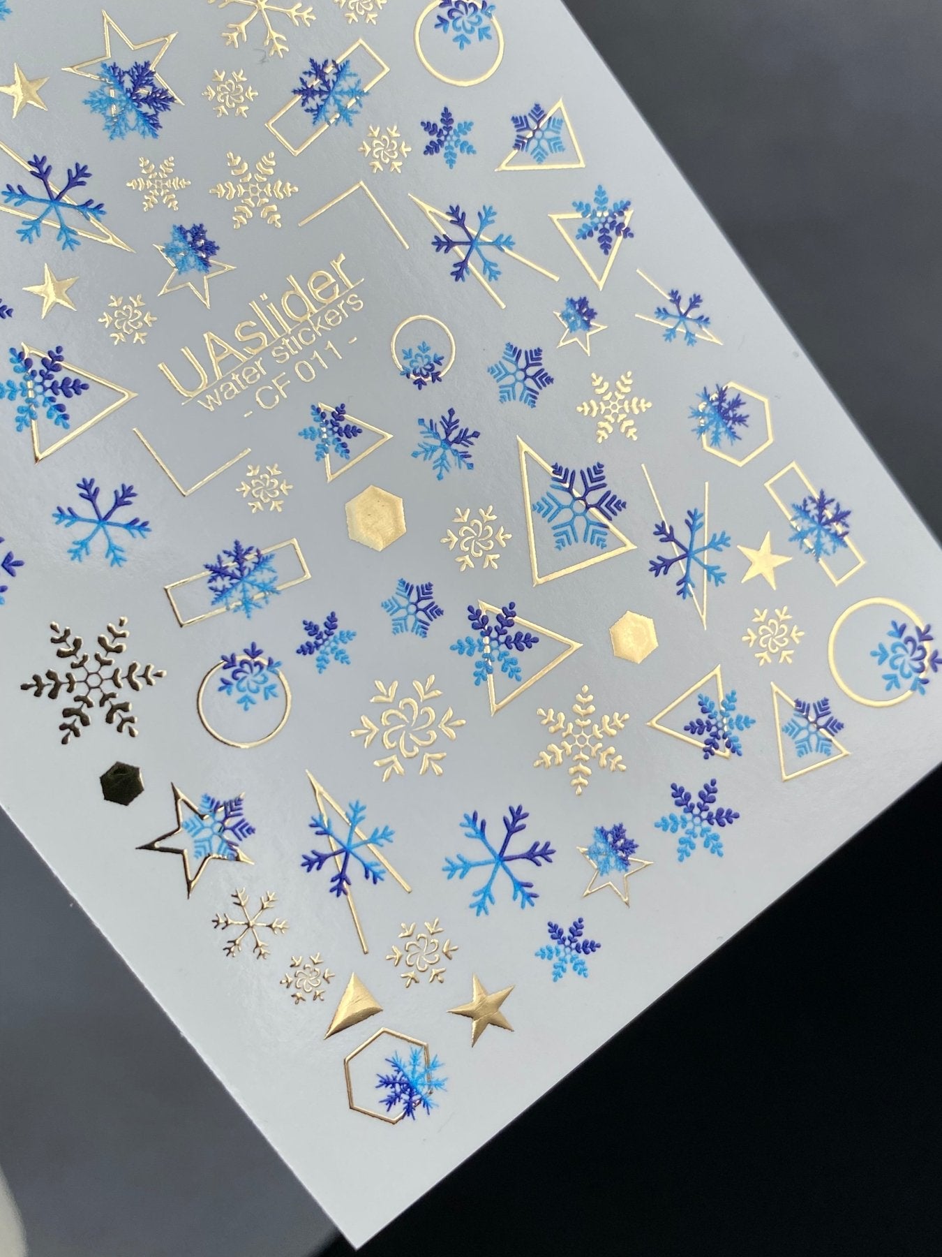 Nail Water Decal CF-011 | Winter Water Slide Nail Decals, Blue Snowflakes with Gold Foil Geometric Accents - UASLIDER
