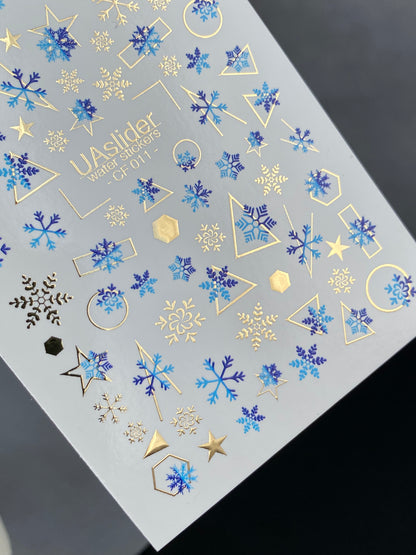 Nail Water Decal CF-011 | Winter Water Slide Nail Decals, Blue Snowflakes with Gold Foil Geometric Accents